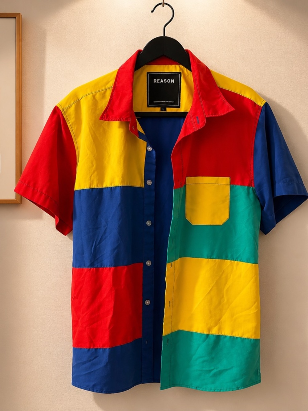 REASON Men’s Colorblock Short Sleeve Button-Up Shirt — Red, Blue, Yellow, Green